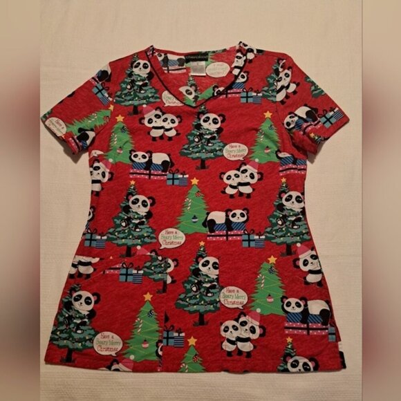 Christmas Panda women's size Small scrub top, EUC - Picture 1 of 4
